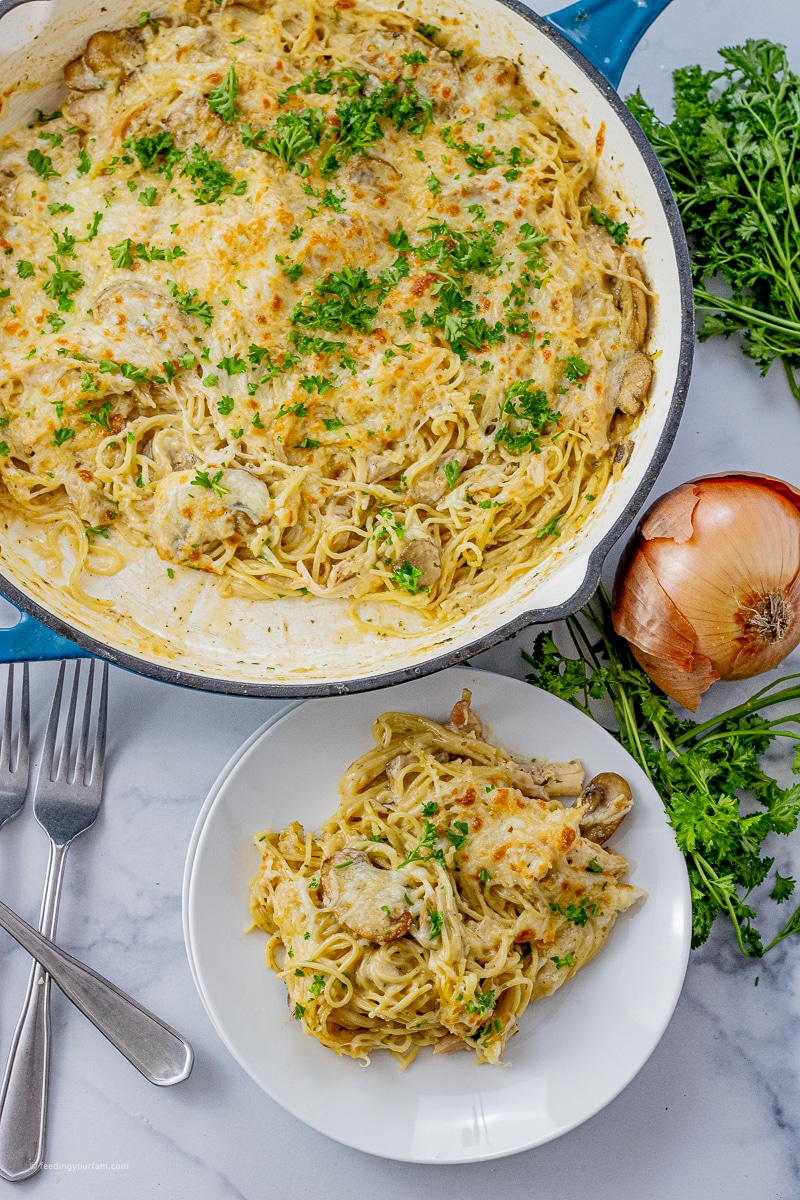 large pan of chicken tetrazzini with some scooped out on a smaller plate