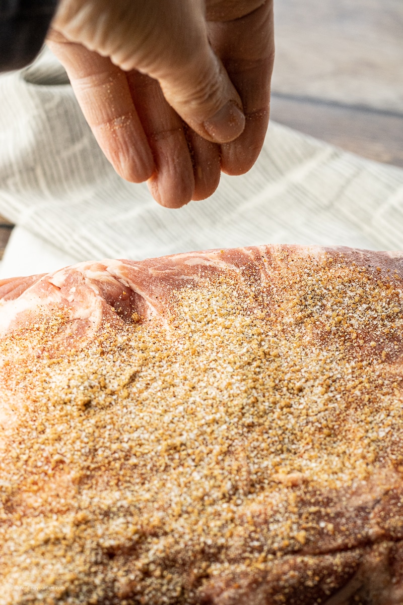 hand dropping spiced onto a pork roast