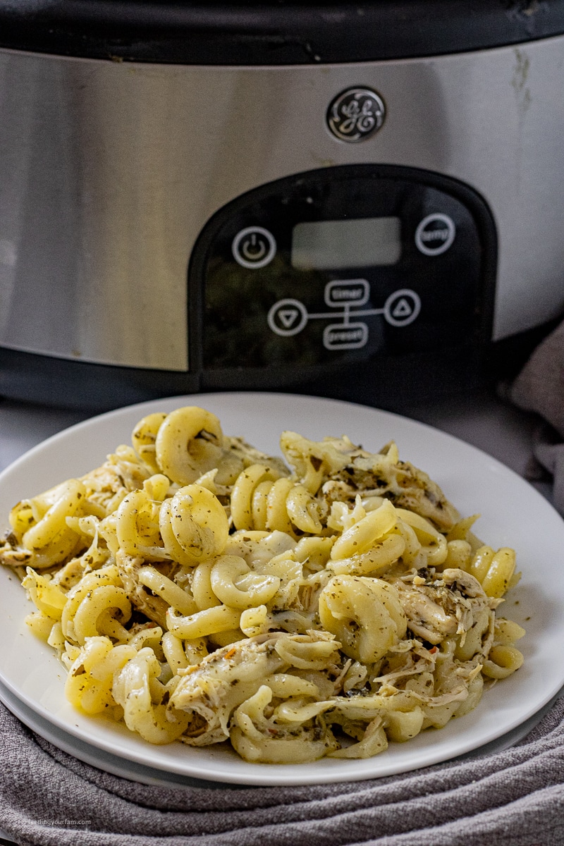 twisted past in a pesto sauce with shredded chicken and melted mozzarella cheese