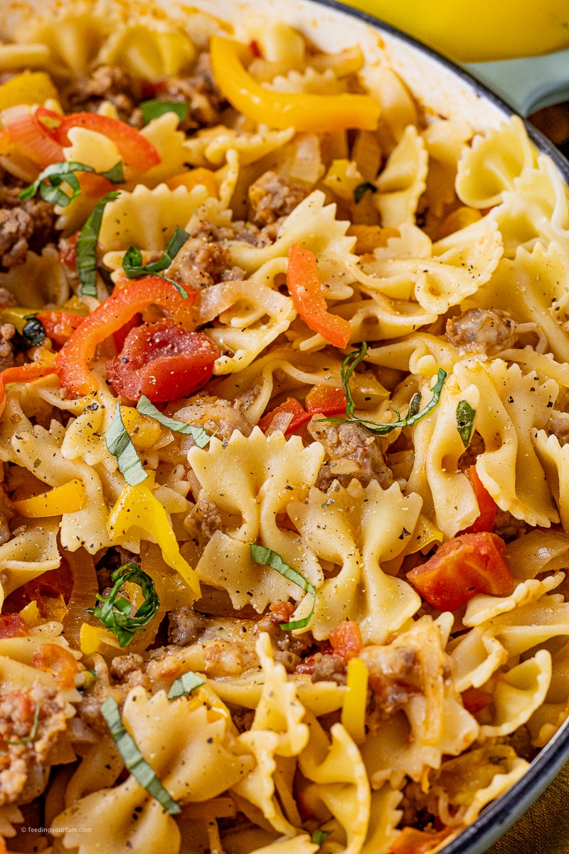 Italian sausage and peppers and onions bowtie pasta with pepper and sausage