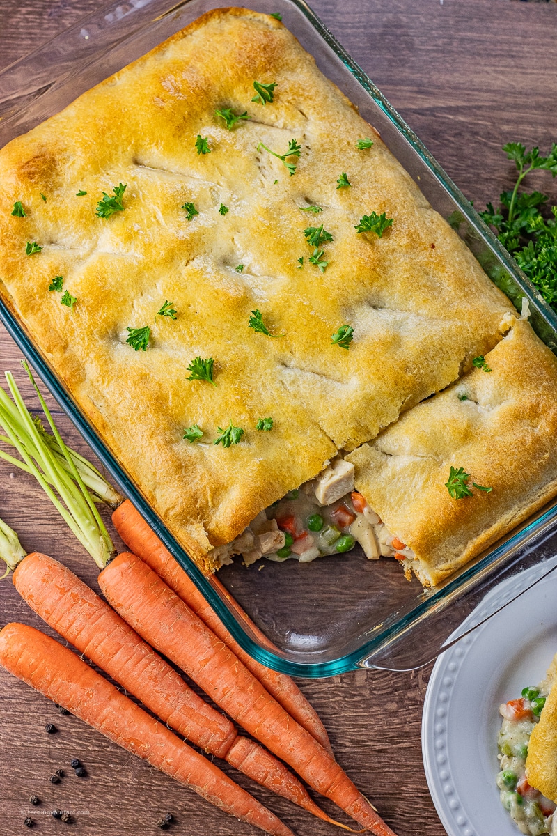 chicken pot pie made with crescent roll dough in a 9 x 13 inch pan