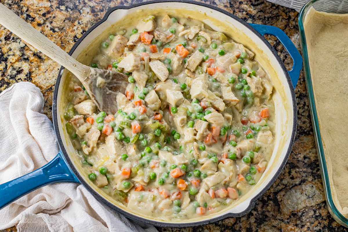 chicken pot pie filling in a large skillet
