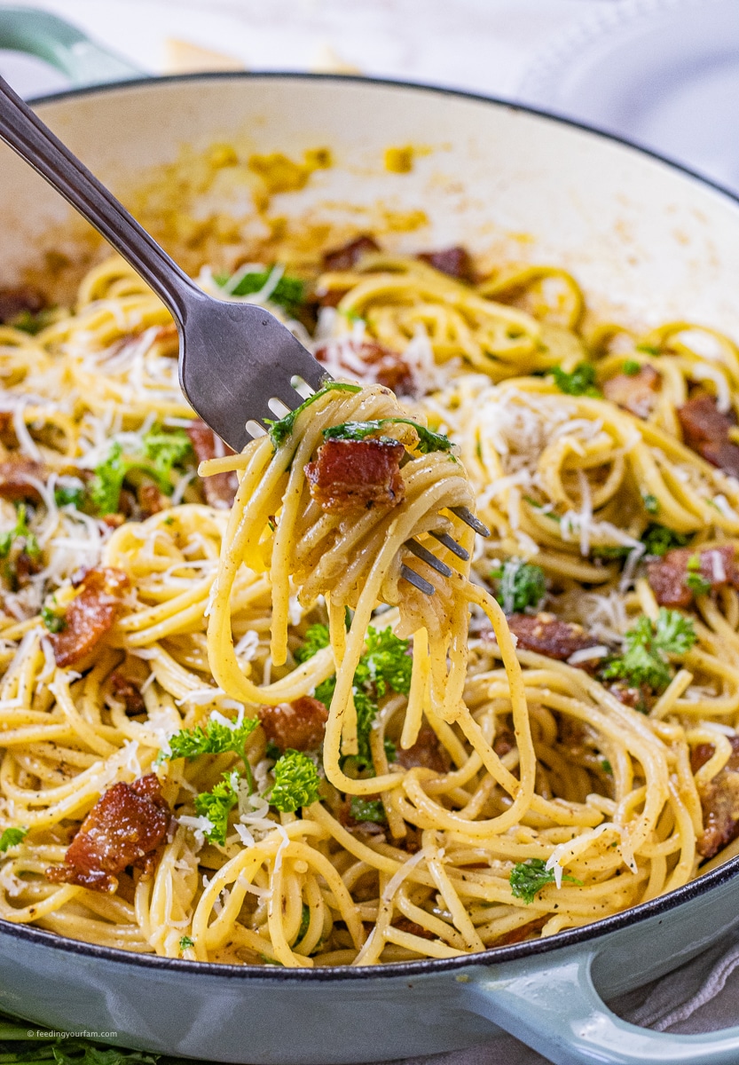 fork holding up some pasta carbonara with bacon and spaghetti noodles