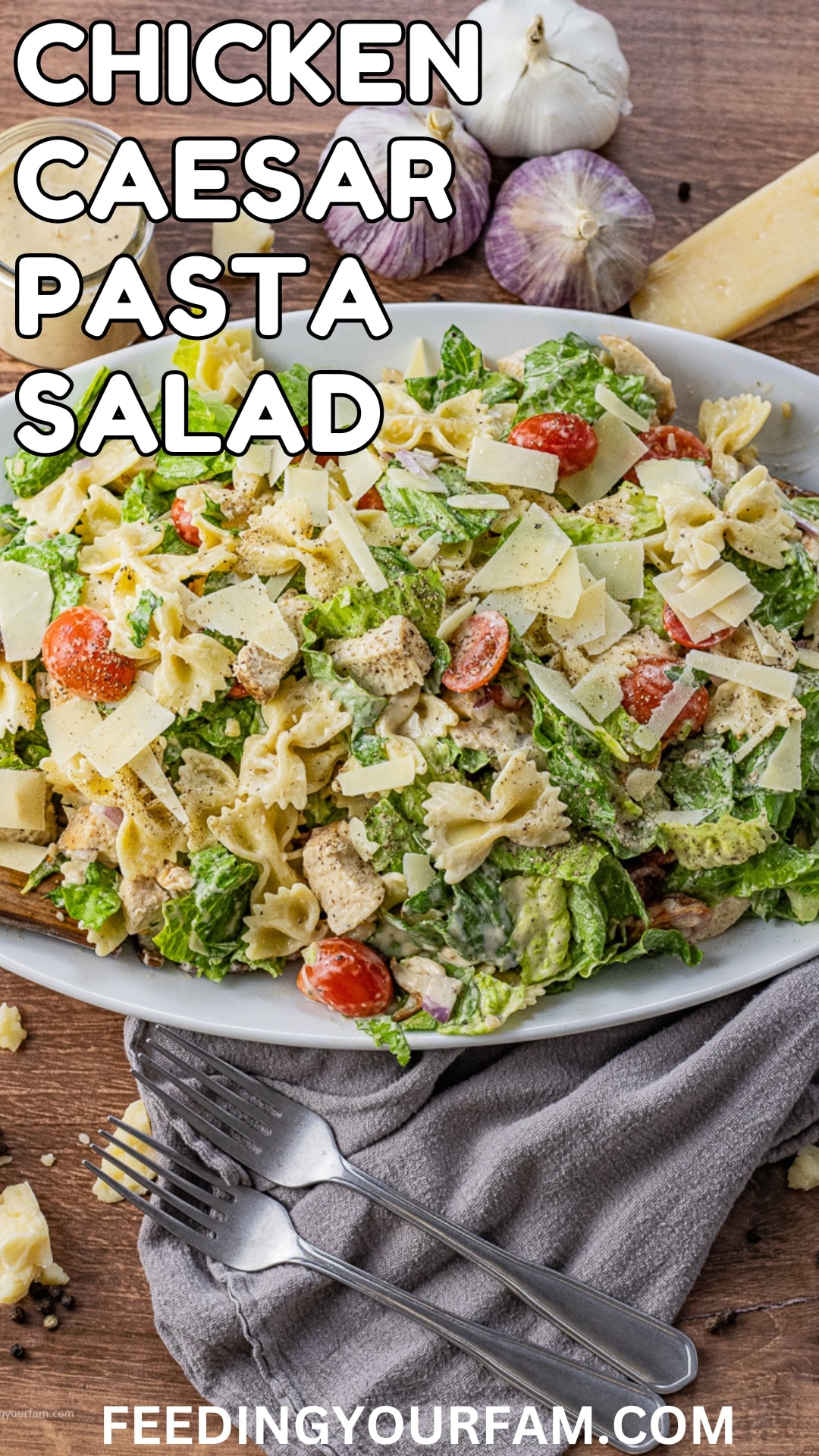 Crisp Romaine lettuce, juicy chicken, and pasta come together to make this delicious Chicken Caesar Pasta Salad. A perfect side dish for a potluck, serve alongside your favorite soup, or on its own for a simple meal idea.