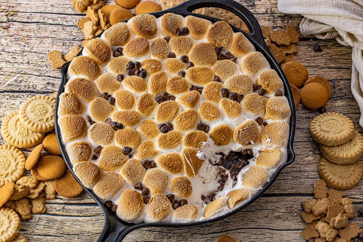 toasted marshmallows on top of melted chocolate in a cast iron skillet
