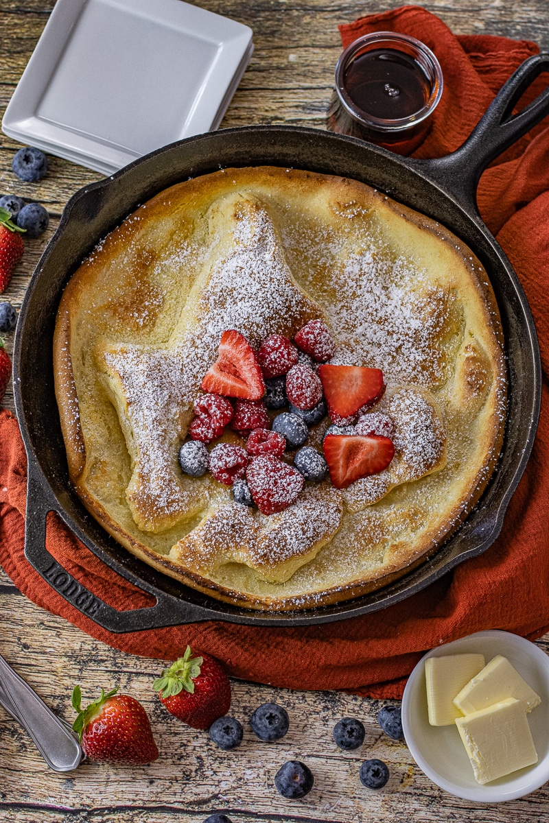 puffy dutch baby pancake in a cast iron skillet