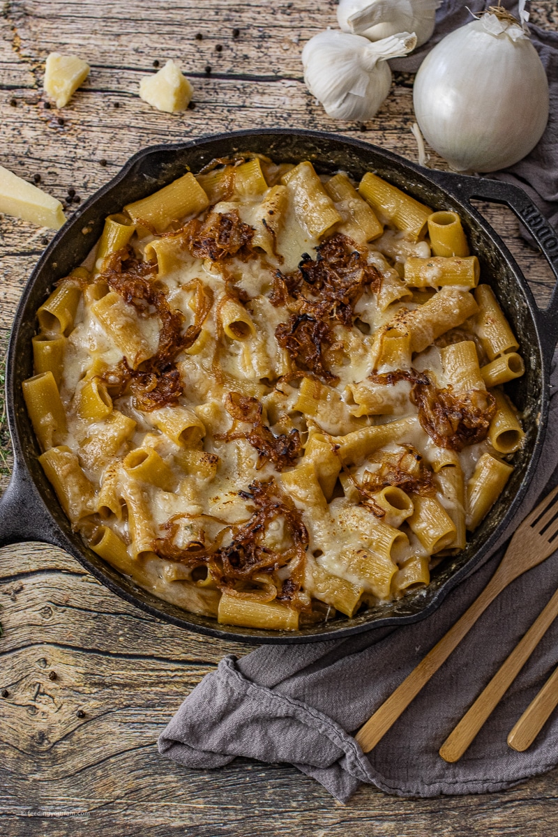 rigatoni pasta with caramelized onions in a creamy sauce