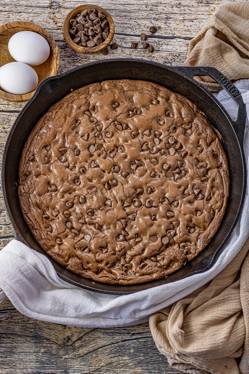 double chocolate cookie in a cast iron skillet
