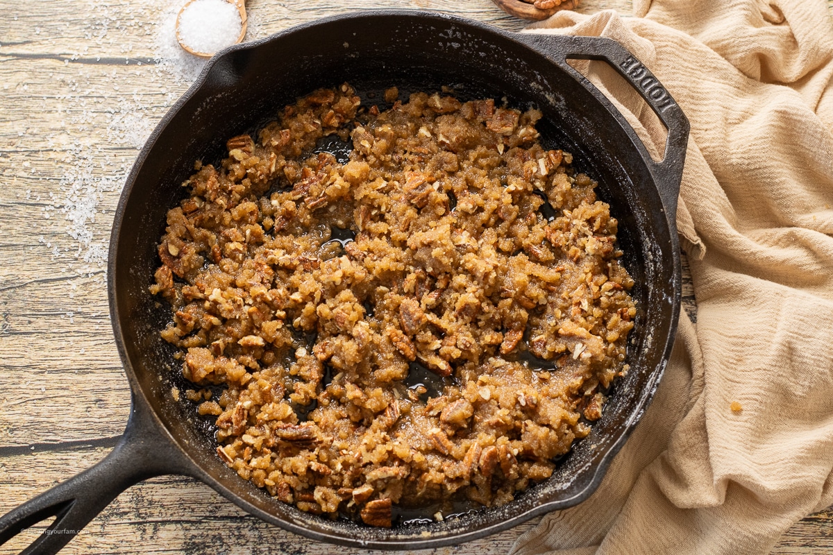 making cookie dough in a cast iron skillet
