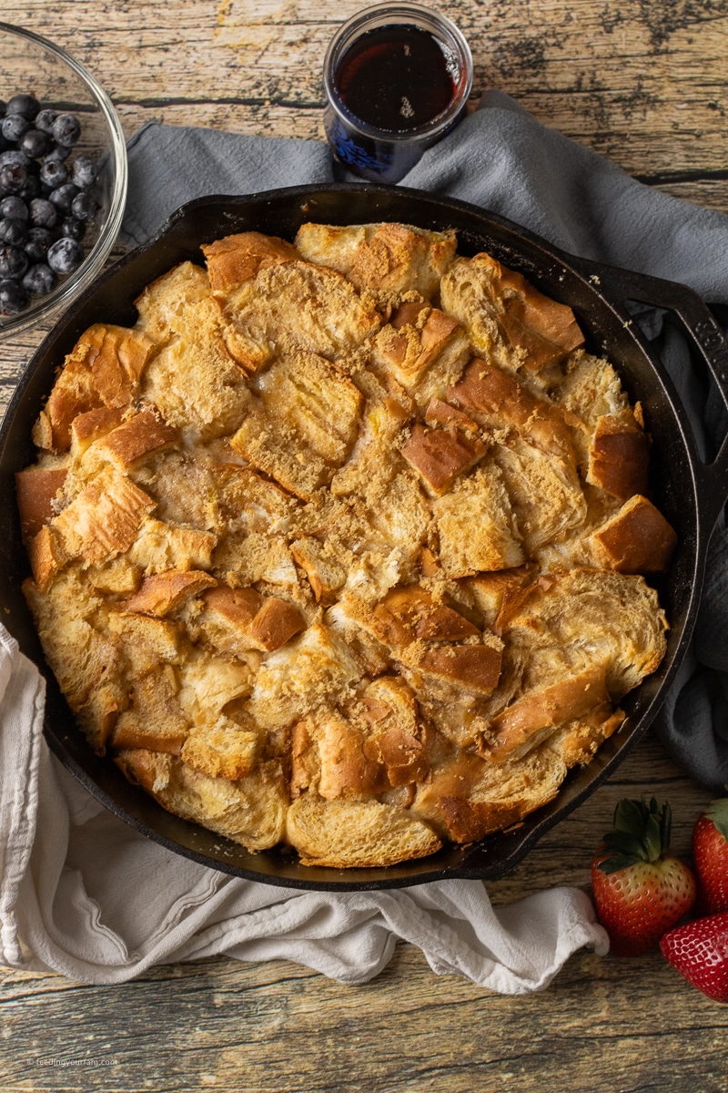 baked french toast casserole in a cast iron skillet
