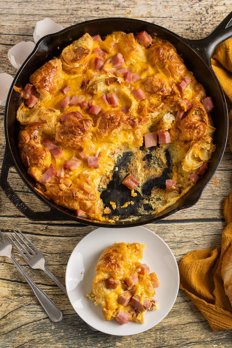 ham and cheese breakfast casserole in a cast iron skillet