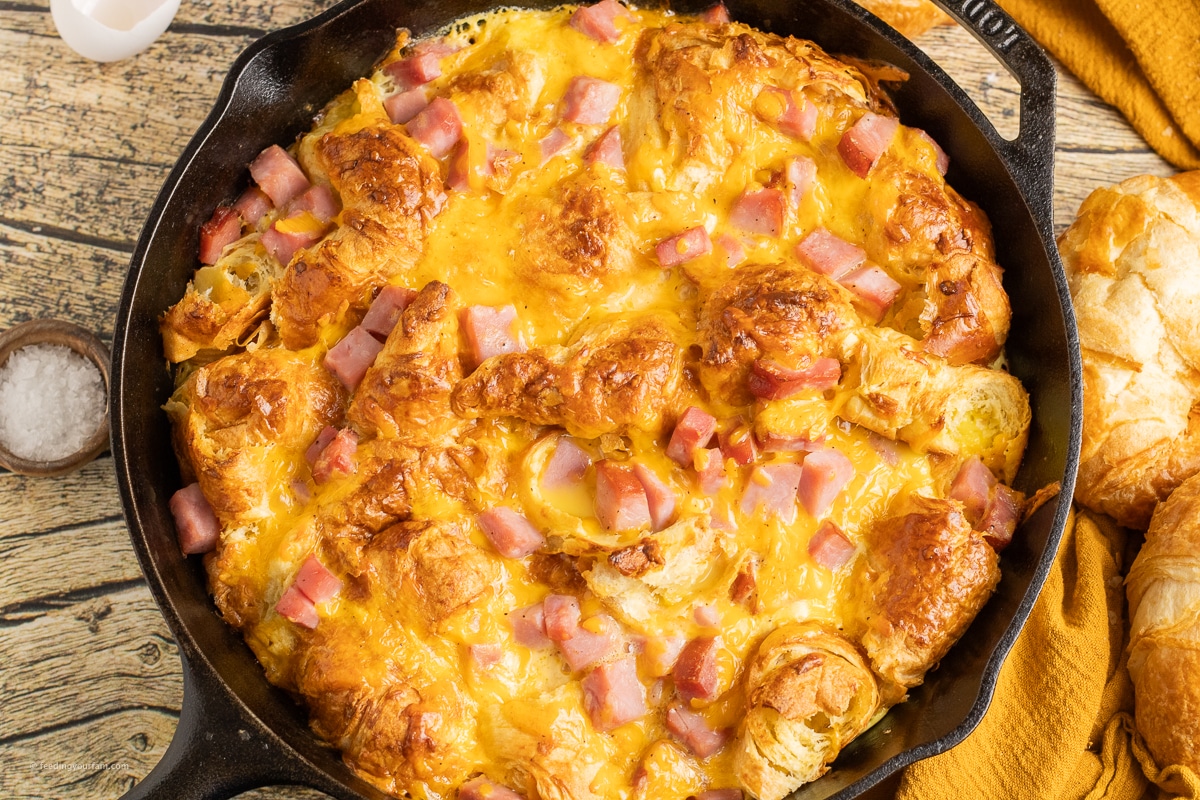 ham and cheese breakfast casserole in a cast iron skillet