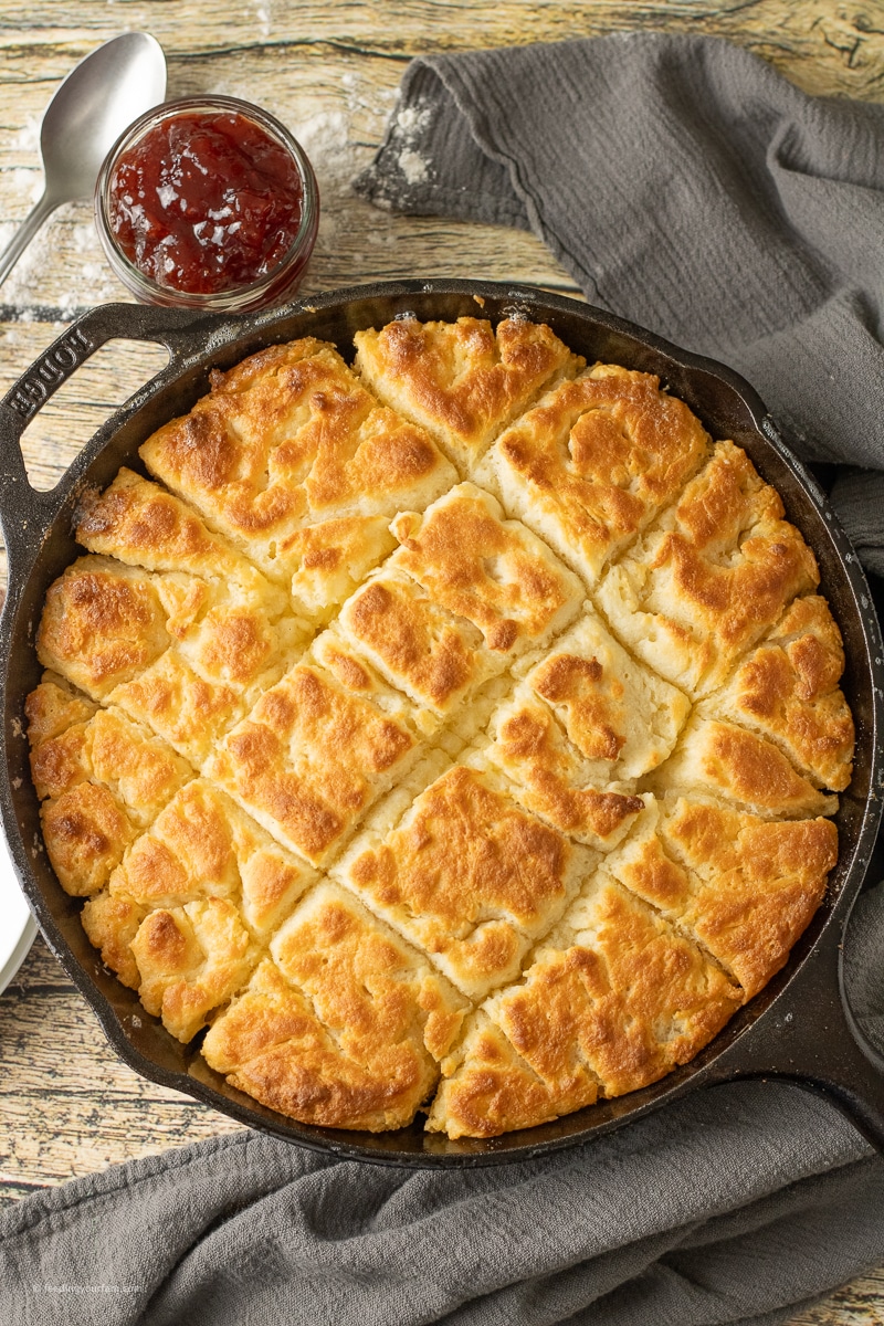 butter swim biscuits recipe in a cast iron skillet