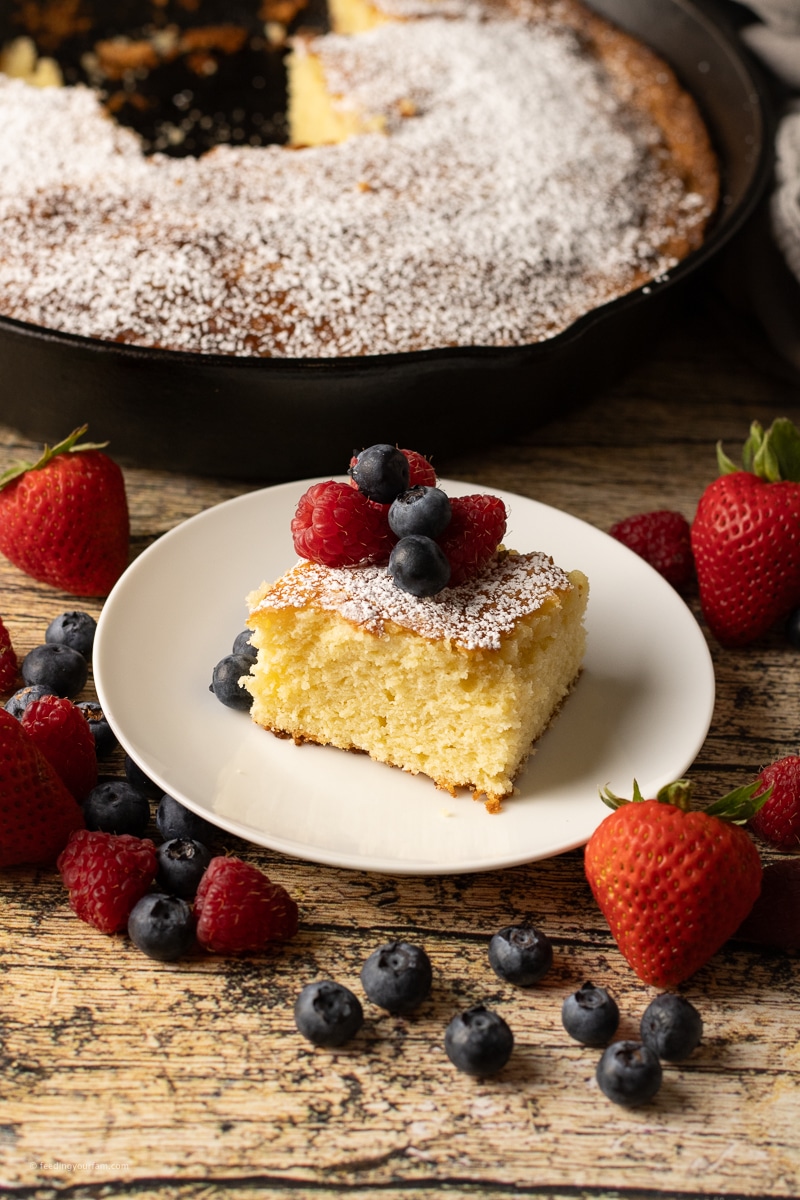 soft butter cake topped with fresh fruit