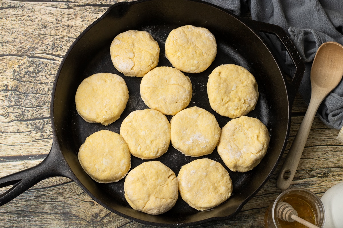 uncooked, round biscuits made with cornmeal in a cast iron skillet