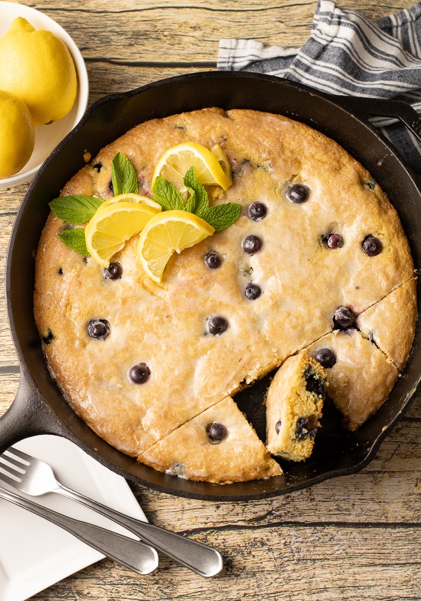 lemon blueberry cookie in a cast iron skillet