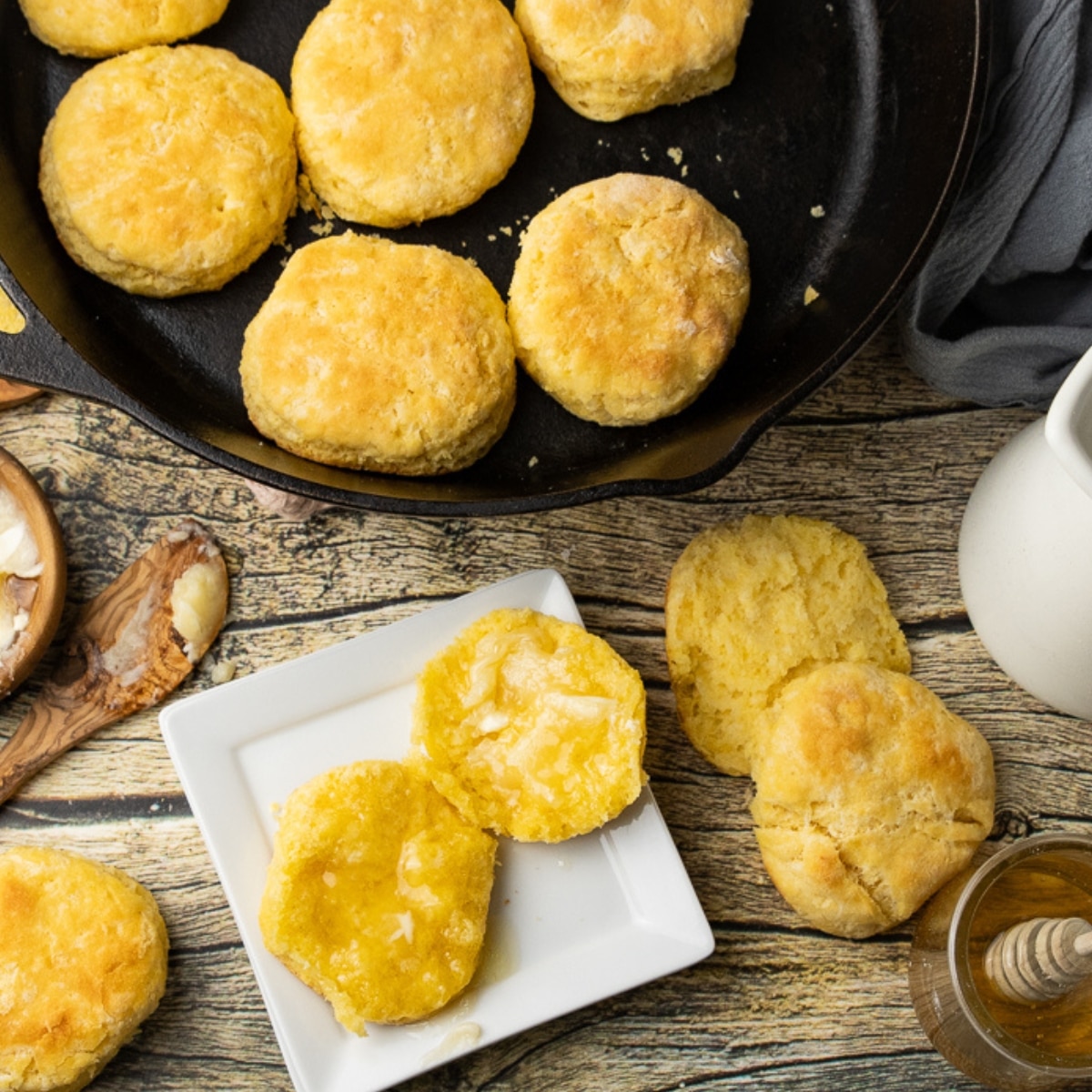 cornbread biscuits baked in a cast iron skillet