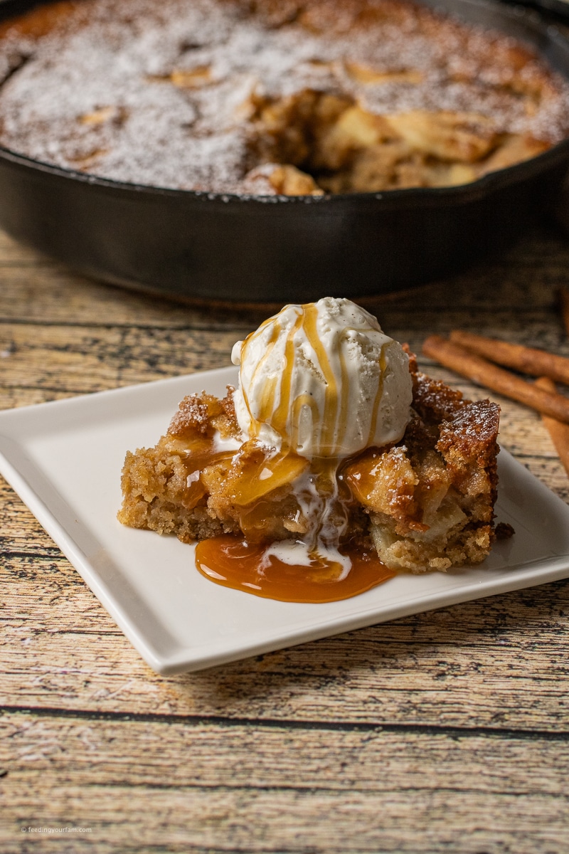 thinly sliced apples baked in a sweet cake batter right in a cast iron skillet