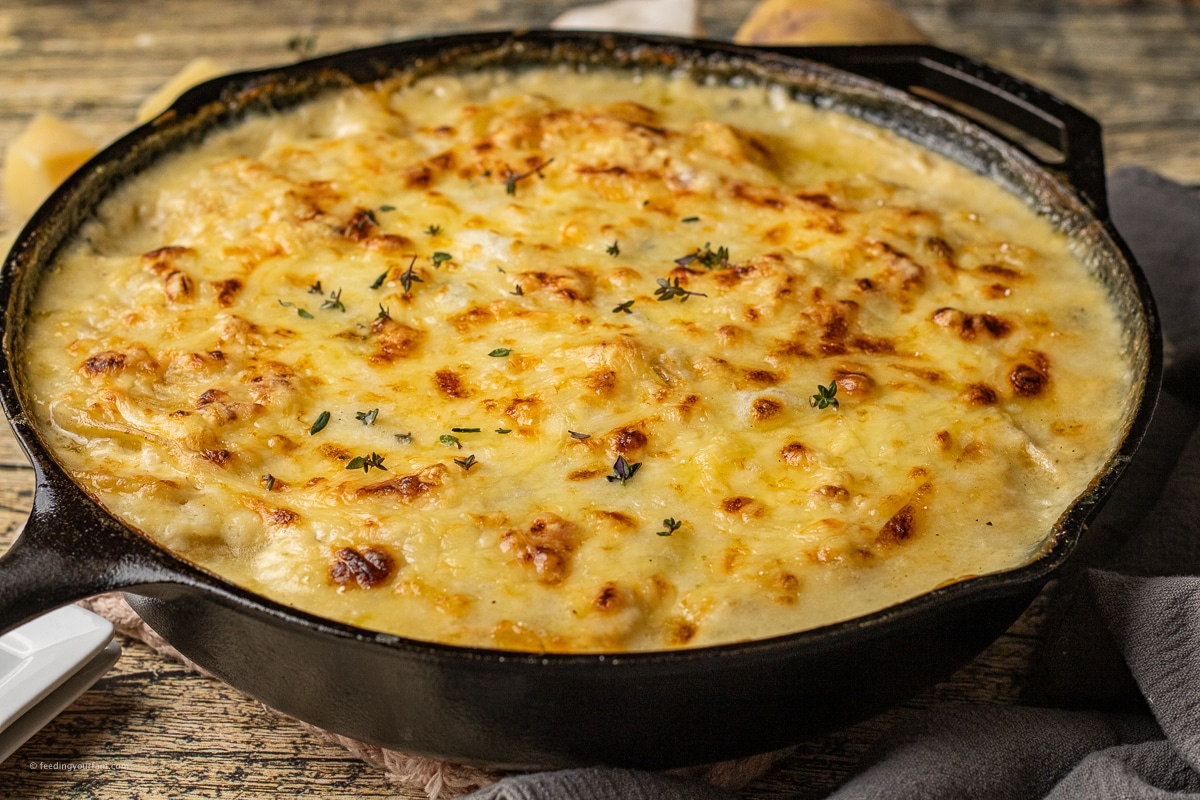 crispy, golden potatoes baked in a cast iron skillet