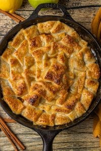 skillet apple pie made with a puff pastry crust topping