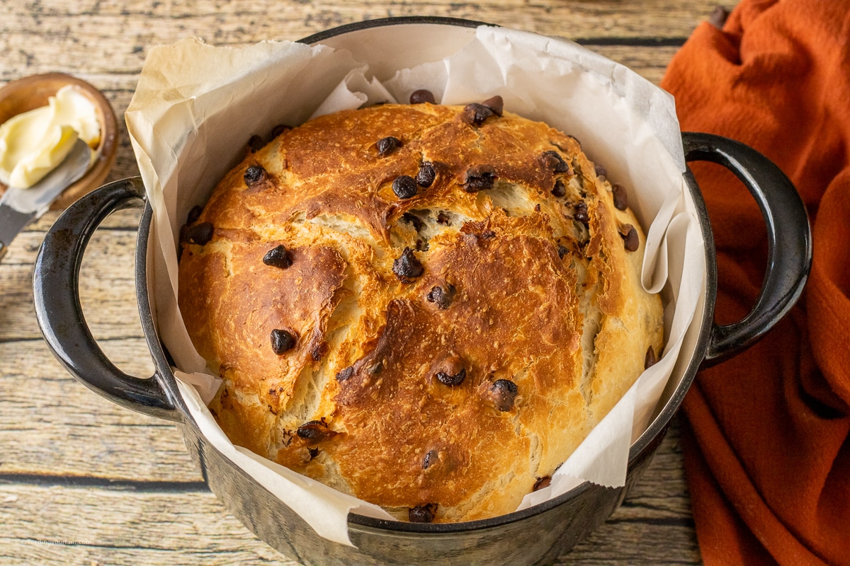 chocolate chip bread baked in a Dutch oven pan. No knead bread recipe.