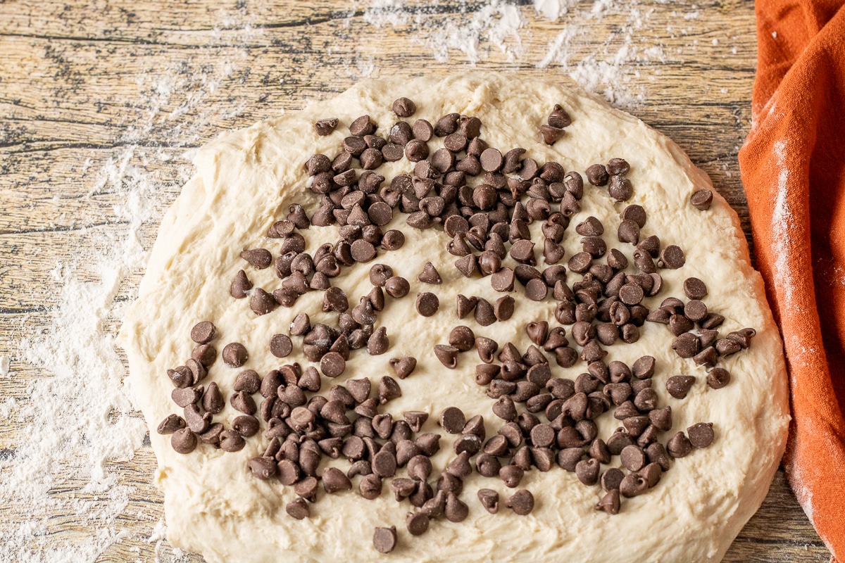 chocolate chips spread out on a piece of bread dough