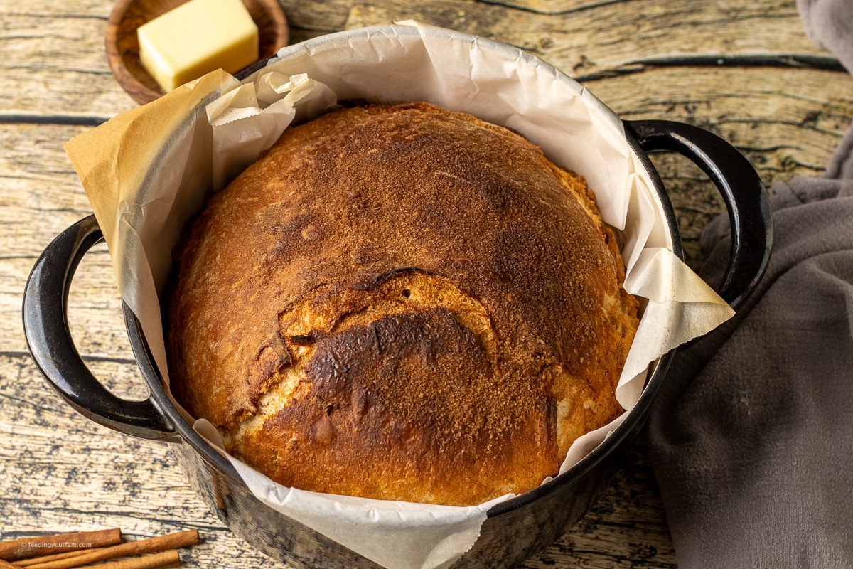 cinnamon sugar bread baked in a dutch oven pan