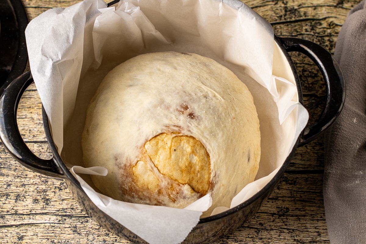 unbaked cinnamon sugar bread in a dutch oven