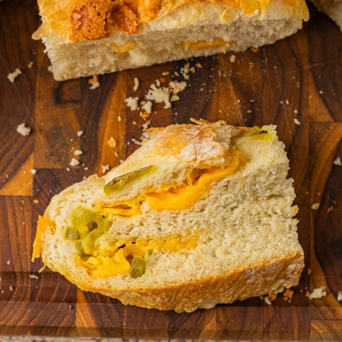 jalapeno cheddar bread with chunks for cheese and diced jalapenos