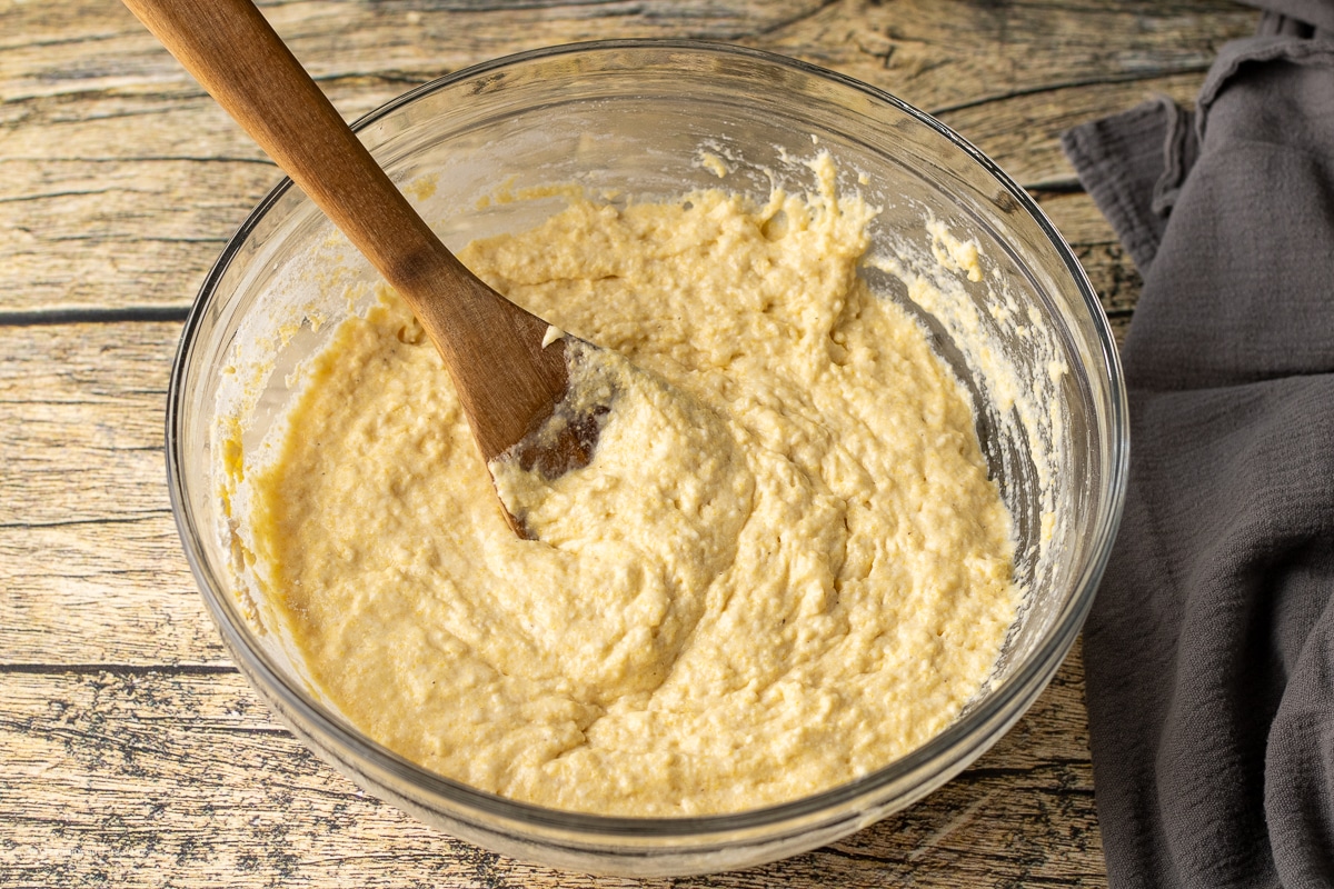 cornbread biscuit batter in a mixing bowl